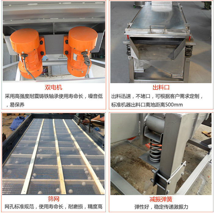 線振動篩配件優(yōu)勢：雙電機(jī)采用高強(qiáng)度耐震鑄鐵軸承使用壽命長，噪音低，易保養(yǎng)，出料口：出料迅速，不堵口，可根據(jù)客戶需求定制標(biāo)準(zhǔn)機(jī)器出料口離地距離500mm。篩網(wǎng)：網(wǎng)孔標(biāo)準(zhǔn)規(guī)范，使用壽命長，耐磨損，精度高。減震彈簧彈性好，穩(wěn)定傳遞激振力。