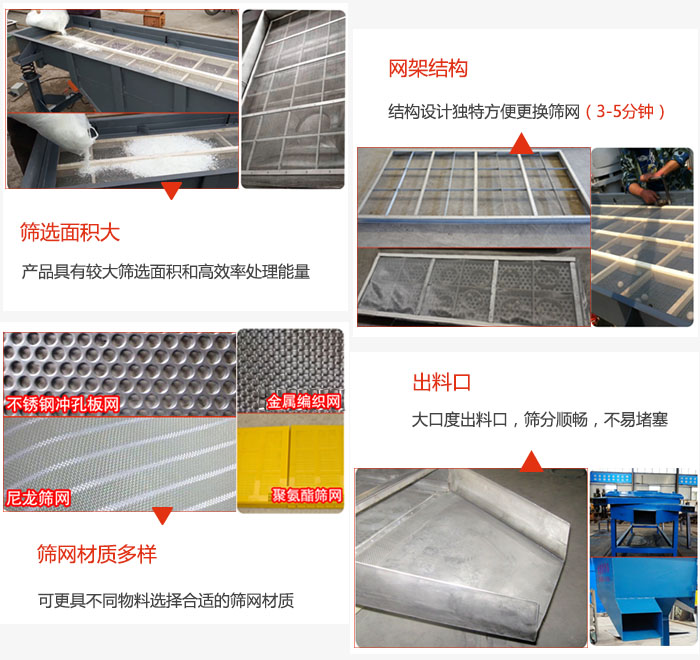 多層直線振動(dòng)篩篩選面積大，網(wǎng)架結(jié)構(gòu)方便篩網(wǎng)更換，篩網(wǎng)可選：不銹鋼沖孔板，金屬編織，尼龍篩網(wǎng)，聚氨酯篩網(wǎng)等。
