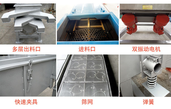 多層直線振動(dòng)篩出料口，篩網(wǎng)，彈簧，快速夾具，振動(dòng)電機(jī)等