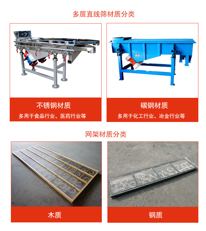 多層直線振動(dòng)篩材質(zhì)有：不銹鋼，碳鋼；網(wǎng)架材質(zhì)有木質(zhì)，鋼質(zhì)等。